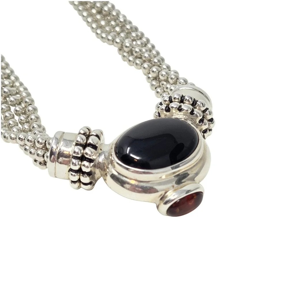 ESPO Sterling Silver 5 Strand Oval Black Onyx Amber Accent Snap Necklace 18